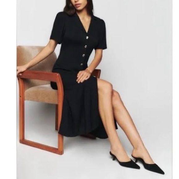 Reformation Wilde black midi dress w/ beautiful buttons and tie. Worn twice - Picture 4 of 14